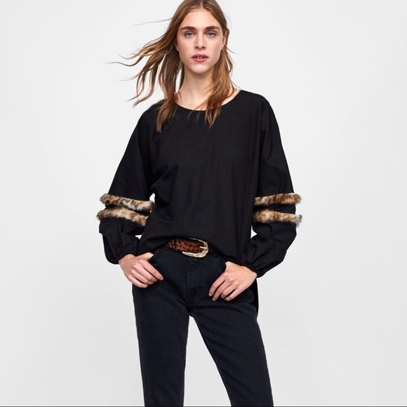 ZARA Poplin Top with Faux Fur Sleeve Detail - Picture 2 of 8